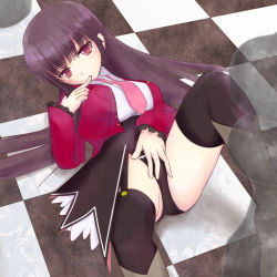 Rule 34 | 1girl, bad id, bad pixiv id, black hair, black thighhighs, boots, breasts, checkered floor, finger to mouth, floor, highres, kirimoti34, large breasts, long hair, lucifer (umineko), lying, necktie, on back, perspective, pink necktie, red eyes, solo, stakes of purgatory, thighhighs, umineko no naku koro ni
