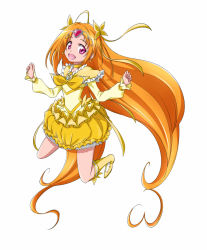 Rule 34 | 10s, 1girl, :d, boots, bow, brooch, bubble skirt, choker, cure muse, cure muse (yellow), eyelashes, full body, heart, jewelry, knee boots, long hair, magical girl, onaya masakazu, open mouth, orange hair, pink eyes, precure, shirabe ako, simple background, skirt, smile, solo, suite precure, twintails, white background, yellow bow