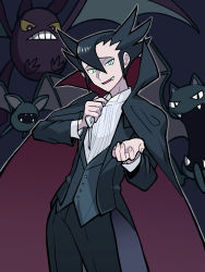 Rule 34 | 1boy, alternate costume, black cape, black hair, black pants, buttons, cape, commentary request, creatures (company), crobat, evolutionary line, fang, game freak, gen 1 pokemon, gen 2 pokemon, golbat, green eyes, grimsley (pokemon), hair between eyes, highres, holding, looking at viewer, male focus, nintendo, open mouth, outline, pants, pokemon, pokemon (creature), pokemon bw, raised eyebrows, shirt, smile, spiked hair, tongue, usarinko, vest, white shirt, zubat