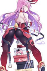 Rule 34 | 1girl, :3, animal ears, ass, bare back, bare shoulders, belt, box, breasts, closed mouth, commentary, darling in the franxx, detached collar, english commentary, fake animal ears, from behind, full body, gloves, gradient legwear, green eyes, half gloves, highres, horns, hot vr, leotard, long hair, looking at viewer, looking back, patreon username, pink hair, pixiv id, playboy bunny, pointy nose, rabbit, red gloves, red leotard, shoes, sideboob, smile, sneakers, solo, spread legs, strapless, strapless leotard, thighs, zero two (darling in the franxx)