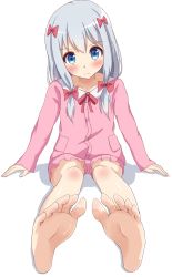 Rule 34 | 10s, 1girl, :&lt;, arm support, artist request, bad id, bad pixiv id, barefoot, blue eyes, blush, bow, collarbone, eromanga sensei, feet, frills, hair bow, highres, izumi sagiri, long hair, looking at viewer, looking down, no shoes, red bow, shadow, simple background, sitting, soles, solo, toes, white background, white hair