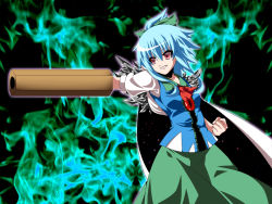Rule 34 | 1girl, arm cannon, blue hair, bow, cape, cirno, cosplay, fal (falketto), fire, fusion, hair bow, long skirt, ponytail, red eyes, reiuji utsuho, reiuji utsuho (cosplay), short hair, skirt, smile, solo, third eye, touhou, weapon, wings