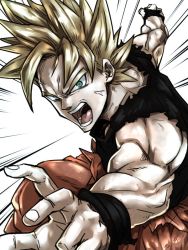 Rule 34 | 1boy, anger vein, annoyed, blonde hair, clenched hand, dirty, dirty face, dragon ball, dragonball z, fighting stance, fingernails, frown, green eyes, kemachiku, looking at viewer, male focus, open mouth, outstretched arm, serious, shaded face, short hair, simple background, solo, son goku, spiked hair, super saiyan, super saiyan 1, teeth, torn clothes, upper body, white background, wristband