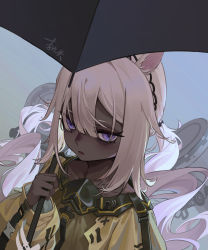 Rule 34 | 1girl, absurdres, arknights, bags under eyes, buckle, camel ears, coat, collarbone, dark-skinned female, dark skin, eyelashes, hair flaps, hairband, highres, holding, holding umbrella, lee999nine, looking at viewer, low twintails, open clothes, open coat, parted lips, purple eyes, signature, snap-fit buckle, solo, strap, thick thighs, thighs, tuye (arknights), twintails, umbrella, wavy hair, white hair, yellow coat