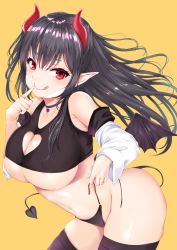 Rule 34 | 1girl, :q, black hair, black panties, black thighhighs, blush, breasts, choker, cleavage cutout, clothing cutout, covered erect nipples, demon girl, demon horns, demon tail, demon wings, finger to mouth, heart, heart cutout, highleg, highleg panties, hitotsuba, horns, large breasts, long hair, looking at viewer, low wings, navel, original, panties, pointy ears, red eyes, side-tie panties, simple background, smile, solo, tail, tank top, thighhighs, tongue, tongue out, underboob, underwear, untied panties, wings, yellow background