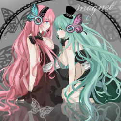 Rule 34 | 2girls, akira (ying), black dress, black gloves, blue eyes, blue hair, breasts, bug, butterfly, cleavage, dress, eye contact, fingerless gloves, fingernails, gloves, grey theme, hatsune miku, highres, insect, long hair, looking at another, magnet (vocaloid), medium breasts, megurine luka, multiple girls, pink hair, very long hair, vocaloid, yuri