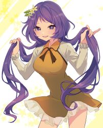 Rule 34 | 1girl, dress, efxc, holding, holding own hair, looking at viewer, low twintails, purple eyes, purple hair, smile, solo, standing, touhou, tsukumo benben, twintails, yellow dress