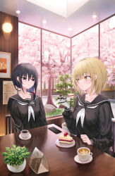 Rule 34 | 2girls, :t, amputee, beads, black eyes, black hair, black sailor collar, black serafuku, blonde hair, blunt bangs, breasts, cake, cellphone, chair, cherry blossoms, closed mouth, coffee, coffee mug, collarbone, commentary request, cup, dessert, eating, food, fork, hair beads, hair ornament, hair over eyes, hair over shoulder, highres, holding, holding fork, indoors, looking at another, mechanical arms, medium breasts, medium hair, menu, mixed-language text, mug, multiple girls, neckerchief, original, phone, piripun, plant, plate, potted plant, rock, sailor collar, school uniform, serafuku, short hair, single mechanical arm, sitting, small breasts, smartphone, strawberry shortcake, sunlight, table, tree, white neckerchief, yellow eyes