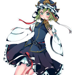 Rule 34 | 1girl, asymmetrical hair, black skirt, blue hat, blue vest, blush, bow, breasts, commentary request, cowboy shot, doko ni demo iru bakana shojo, epaulettes, frilled hat, frills, green eyes, green hair, hat, highres, holding, long sleeves, looking at viewer, open mouth, red bow, ribbon-trimmed skirt, ribbon-trimmed vest, ribbon trim, rod of remorse, shiki eiki, shirt, short hair, simple background, skirt, sleeve bow, small breasts, solo, touhou, vest, white background, white bow, white shirt, wide sleeves