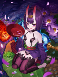 Rule 34 | 1girl, :d, banned artist, bare shoulders, blush, breasts, eyeshadow, fang, fate/grand order, fate (series), flower, frog, hair ornament, highres, horns, japanese clothes, kimono, lantern, lily (flower), looking at viewer, makeup, obi, off shoulder, open mouth, petals, pouring, pouring onto self, purple eyes, purple flower, purple hair, purple kimono, red thighhighs, revealing clothes, sash, short eyebrows, short hair, shuten douji (fate), sitting, skin-covered horns, small breasts, smile, solo, thick eyebrows, thighhighs, wakamezake, wariza, yiku (sim7368)