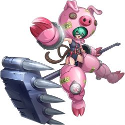 Rule 34 | 1girl, armor, bare shoulders, breasts, button eyes, buttons, cho-hakkaimon, competition swimsuit, costume, digimon, digimon (creature), digimon new century, facial mark, fangs, female focus, gauntlets, green hair, hammer, horns, jumping, mask, monster, official art, one-piece swimsuit, pig girl, pig mask, rope, short hair, simple background, solo, spikes, stitches, swimsuit, talisman, weapon, yellow eyes