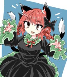 Rule 34 | 1girl, :3, animal ears, black bow, black dress, blue background, bow, braid, cat ears, cat tail, chups, cowboy shot, dress, face, frilled dress, frilled sleeves, frills, green frills, highres, long sleeves, looking at viewer, multiple tails, nail polish, red eyes, red hair, red nails, red neckwear, ribbon, solo, tail, touhou, twin braids, two tails, white background