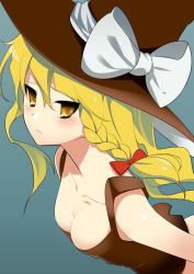 Rule 34 | 1girl, bare shoulders, blonde hair, braid, breasts, cleavage, collarbone, downblouse, face, female focus, hat, kirisame marisa, long hair, ribbon, solo, touhou, witch, witch hat, yellow eyes, zpolice
