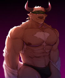 Rule 34 | 1boy, abs, animal ears, artist name, bara, bare pectorals, bare shoulders, black male swimwear, brown fur, camouflage, camouflage headwear, chest hair, closed mouth, commentary, cow ears, cow horns, facial hair, furry, furry male, goatee, gradient background, headband, highres, horns, large pectorals, leaf, looking to the side, male focus, male swimwear, minotaur, mouth hold, muscular, muscular male, nipples, pectorals, purple background, purple eyes, purple horns, shennong (housamo), short hair, signature, smile, solo, stalk in mouth, swim briefs, thick thighs, thighs, tokyo houkago summoners, toragoru, undressing, upper body, white fur, white hair