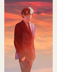 Rule 34 | 1boy, absurdres, bei1997, black eyes, black hair, black necktie, black pants, black suit, chrollo lucilfer, cloud, cloudy sky, earrings, expressionless, feet out of frame, formal, hair between eyes, hands in pockets, headband, highres, hunter x hunter, jewelry, looking at viewer, male focus, necktie, official alternate costume, pants, shirt, short hair, sky, solo, standing, suit, sunset, white shirt