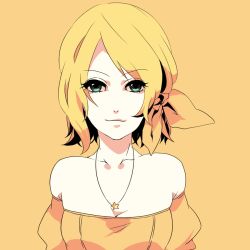 Rule 34 | 1girl, aqua eyes, bad id, bad pixiv id, bare shoulders, blonde hair, hair ribbon, jewelry, kagamine rin, marui happa, necklace, portrait, ribbon, short hair, simple background, smile, solo, star (symbol), upper body, vocaloid