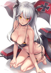 Rule 34 | 1girl, alternate costume, antenna hair, arm support, ass, azur lane, bare arms, bare shoulders, barefoot, bikini, black bikini, blush, breasts, butt crack, cannon, choker, cleavage, collarbone, cross, flag, flag print, german flag bikini, gloves, groin, hair between eyes, hair ribbon, hand on leg, iron cross, kneeling, large breasts, long hair, looking at viewer, machinery, mole, mole on breast, multicolored hair, navel, parfaitlate, prinz eugen (azur lane), prinz eugen (unfading smile) (azur lane), red hair, ribbon, rigging, side-tie bikini bottom, sideboob, sidelocks, signature, silver hair, simple background, smile, solo, stomach, streaked hair, swimsuit, thighhighs, thighs, turret, two side up, very long hair, water drop, wet, white background