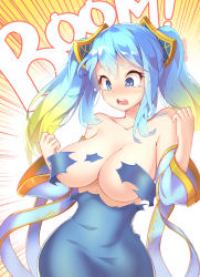 Rule 34 | bare shoulders, blue eyes, blue hair, blush, breasts, bursting breasts, convenient censoring, dress, english text, hair ornament, highres, large breasts, league of legends, narrow waist, open mouth, sona (league of legends), surprised, tears, text focus, torn clothes, torn dress, twintails, wide hips