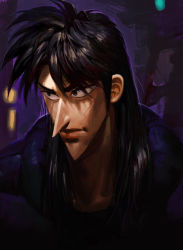 Rule 34 | 1boy, black eyes, black hair, blurry, blurry background, highres, itou kaiji, kaiji, long hair, male focus, pointy nose, scar, scar on face, shishinnonoii, sideburns, solo, spiked hair, upper body
