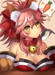 Rule 34 | 1girl, animal ears, animal hands, bare shoulders, bell, bow, breast rest, breasts, carrot, cleavage, collar, detached sleeves, eyelashes, fate/grand order, fate (series), fox ears, fox tail, fur, gloves, hair between eyes, hair bow, hair ribbon, japanese clothes, jingle bell, large breasts, long hair, looking at viewer, neck bell, paw gloves, pink hair, ponytail, pout, red bow, ribbon, sidelocks, simple background, solo, sorao (ichhimo), spatula, tail, tamamo (fate), tamamo cat (fate), tamamo cat (first ascension) (fate), tamamo no mae (fate/extra), thought bubble, upper body, yellow eyes