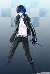 Rule 34 | 1boy, bad id, bad pixiv id, black rock shooter, black rock shooter (character), black rock shooter (cosplay), cosplay, glowing, glowing eyes, i-riya, kaito (vocaloid), male focus, navel, open clothes, open shirt, shirt, solo, sword, vocaloid, weapon