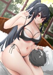 Rule 34 | 1boy, 1girl, admiral (kancolle), alternate costume, bed, bikini, black bikini, black hair, breasts, cleavage, commentary request, commission, dutch angle, front-tie bikini top, front-tie top, hair ribbon, highres, kantai collection, lap pillow, large breasts, long hair, red eyes, ribbon, seiza, side-tie bikini bottom, sitting, skeb commission, swimsuit, window, yahagi (kancolle), z (knkr1025)