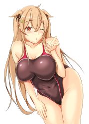 Rule 34 | 1girl, blonde hair, blowing kiss, blush, breasts, brown eyes, competition swimsuit, hair ornament, highleg, highres, kantai collection, large breasts, leaning forward, long hair, looking back, montemasa, murasame (kancolle), one-piece swimsuit, one eye closed, open mouth, swimsuit