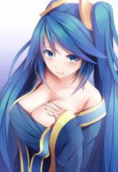 Rule 34 | 1girl, bare shoulders, blue eyes, blue hair, breasts, cleavage, collarbone, hair ornament, hand on own chest, kiseno, large breasts, league of legends, off shoulder, smile, solo, sona (league of legends), twintails, upper body, wide sleeves