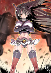 Rule 34 | 10s, 1girl, black gloves, black hair, black panties, clothes lift, crossed arms, elbow gloves, fingerless gloves, garter straps, gloves, gunbuster pose, headgear, kantai collection, long hair, machinery, midriff, miniskirt, nagato (kancolle), navel, panties, pleated skirt, red eyes, red thighhighs, shungikuten, skirt, skirt lift, solo, thighhighs, underwear, upskirt, wind, wind lift