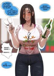 Rule 34 | 1girl, absurdres, alcohol, black hair, blush, bra strap, breasts, cleavage, clothes writing, cup, denim, glasses, grin, hh (hehexd06161704), highres, holding, holding cup, jeans, long hair, looking at viewer, original, pants, pov, red eyes, shirt, short sleeves, smile, solo, speech bubble, t-shirt, white shirt