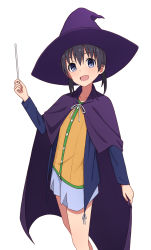 Rule 34 | 10s, 1girl, black hair, blue eyes, cape, flying witch, hat, highres, kuramoto chinatsu, long hair, looking at viewer, open mouth, short hair, simple background, smile, solo, stick, twintails, wand, white background, witch hat, yahiro (epicopeiidae)