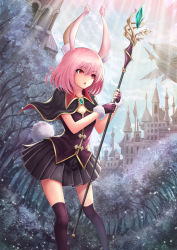 Rule 34 | 1girl, absurdres, aircraft, airship, animal ears, black gloves, black thighhighs, capelet, castle, fingerless gloves, forest, gloves, highres, holding, nature, open mouth, original, pink hair, pleated skirt, rabbit ears, rabbit tail, red eyes, short hair, skirt, solo, staff, tail, thighhighs, yuki7128, zettai ryouiki