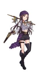 Rule 34 | 1girl, arm belt, bandana, belt, belt boots, black footwear, boots, breasts, brown hair, cleavage, crown, dorothy (princess principal), full body, gun, highres, holding, holding gun, holding sword, holding weapon, jewelry, knife, licking lips, long hair, looking at viewer, medium breasts, midriff, navel, necklace, official art, over shoulder, princess principal, princess principal game of mission, purple eyes, sheath, sheathed, shell casing, shorts, skull necklace, solo, standing, striped clothes, striped shorts, sword, thigh boots, thigh strap, thighhighs, tongue, tongue out, transparent background, unworn crown, unworn jewelry, unworn necklace, weapon
