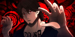 Rule 34 | 1boy, belmond banderas, black shirt, body writing, brown hair, choco (chocovix112), collarbone, eyebrows hidden by hair, half-closed eye, hands up, highres, looking at viewer, male focus, nijisanji, parted bangs, red eyes, shirt, solo, thick eyebrows, uneven eyes, upper body, virtual youtuber