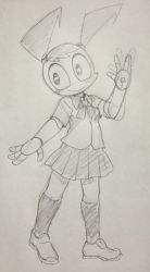 Rule 34 | 1girl, android, black eyes, closed mouth, eyebrows, jenny wakeman, my life as a teenage robot, nickelodeon, no humans, robot, school uniform, shirt, shoes, sketch, skirt, smile, socks, solo, twintails, uniform
