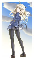 Rule 34 | 1girl, animal ears, ass, blonde hair, blush, cat ears, from behind, glasses, hand on own hip, highres, kadokawa shoten, loafers, long hair, looking at viewer, looking back, lowleg, lowleg panties, military, military uniform, mushoku no hourousha, panties, panties under pantyhose, pantyhose, perrine h. clostermann, shoes, solo, strike witches, tail, underwear, uniform, world witches series, yellow eyes