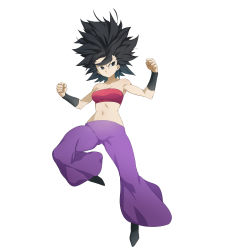 Rule 34 | 10s, 1girl, absurdres, bare shoulders, black eyes, black hair, breasts, caulifla, dragon ball, dragon ball super, female focus, full body, highres, leeloo dallas, pants, purple pants, simple background, smile, solo, spiked hair, white background