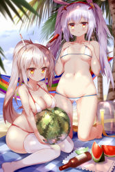 Rule 34 | 2girls, absurdres, animal ears, ayanami (azur lane), azur lane, bad id, bad pixiv id, ball, beach, beachball, bikini, blonde hair, blush, bottle, breasts, cafe pretor, day, fake animal ears, food, fruit, gluteal fold, hairband, hammock, hands on own chest, highres, kneeling, laffey (azur lane), large breasts, long hair, looking at viewer, medium breasts, multiple girls, navel, orange eyes, palm tree, parted lips, ponytail, silver hair, sitting, skindentation, swimsuit, thighhighs, tree, twintails, wariza, watermelon, watermelon beachball, white bikini, white legwear