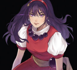 Rule 34 | 1girl, asamiya athena, black background, closed mouth, earrings, hair between eyes, hairband, highres, irene koh, jewelry, long hair, looking at viewer, puffy short sleeves, puffy sleeves, purple eyes, purple hair, red hairband, short sleeves, simple background, snk, solo, the king of fighters