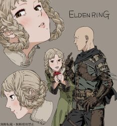 Rule 34 | 1boy, 1girl, arched back, armor, bald, blonde hair, braid, brown eyes, cape, chinese text, dress, elden ring, embarrassed, eyeliner, gloves, highres, kamezaemon, knife, leather, leather armor, leather gloves, looking at viewer, makeup, mole, mole under mouth, open mouth, patches (from software), puckered lips, rya (elden ring), simple background, throwing knife, twin braids, weapon