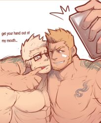 Rule 34 | 2boys, bara, barry (aibili), beard, blonde hair, chest tattoo, couple, english text, facial hair, finger in another&#039;s mouth, full beard, furrowed brow, glasses, goatee stubble, heads together, large pectorals, light brown hair, male focus, multiple boys, muscular, muscular male, mustache stubble, nipples, nude, original, pectorals, short hair, sideburns, sideburns stubble, smirk, sparse arm hair, stubble, tattoo, upper body, yaoi