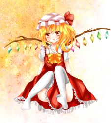 Rule 34 | 1girl, arms behind back, bad id, bad pixiv id, blonde hair, bow, female focus, flandre scarlet, gradient background, hat, hat ribbon, head tilt, highres, knees up, looking at viewer, mob cap, no shoes, parted lips, red eyes, ribbon, short hair, short sleeves, sitting, skirt, skirt set, solo, thighhighs, tokiha tsubomi, touhou, wings