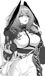 Rule 34 | 1girl, absurdres, arknights, breasts, chest harness, commentary request, covered navel, fingerless gloves, fingernails, gloves, greyscale, hair between eyes, harness, head wings, highres, ho&#039;olheyak (arknights), infection monitor (arknights), kaguura (kagu), large breasts, long hair, monochrome, open mouth, sharp teeth, simple background, skin tight, slit pupils, solo, teeth, white background, wings