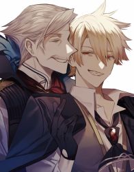 Rule 34 | 2boys, albino (a1b1n0623), arm up, blonde hair, collarbone, collared shirt, facial hair, fate/grand order, fate/prototype, fate/prototype: fragments of blue and silver, fate (series), formal, gloves, gradient hair, grey hair, greyscale, hair between eyes, high collar, highres, james moriarty (archer) (fate), jekyll and hyde (fate), long sleeves, looking at another, loose necktie, male focus, monochrome, multicolored hair, multiple boys, mustache, necktie, no eyewear, open clothes, pointy nose, red eyes, shirt, smile, smirk, suit, untied, vest, white background, white shirt