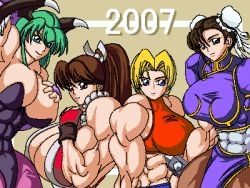 Rule 34 | 4girls, abs, blonde hair, blue eyes, blue mary, breasts, brown eyes, brown hair, capcom, chun-li, extreme muscles, fatal fury, female focus, green eyes, green hair, lowres, morrigan aensland, multiple girls, muscular, ren (tainca2000), shiranui mai, snk, street fighter, the king of fighters, vampire (game)