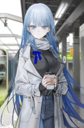 Rule 34 | 1girl, black sweater, blue eyes, blue hair, blue pants, blunt bangs, cowboy shot, cup, grey jacket, highres, holding, holding cup, jacket, layered sleeves, long hair, long sleeves, looking at viewer, open clothes, open jacket, original, pants, parted lips, quarter 1404, solo, standing, sweater, train, train station, very long hair