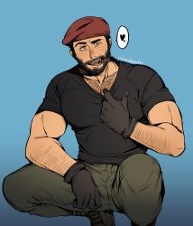 Rule 34 | 1boy, absurdres, arm hair, bara, beard, black shirt, chest hair, cigar, clothes pull, facial hair, feet out of frame, green pants, hairy, hat, heart, highres, holmy (holmesdmode), large pectorals, looking at viewer, maestro (rainbow six siege), pectoral cleavage, male focus, mature male, military hat, muscular, muscular male, pants, pectorals, rainbow six siege, raised eyebrow, shirt, shirt pull, short hair, smoking, solo, spoken heart, squatting, tight clothes, tight shirt