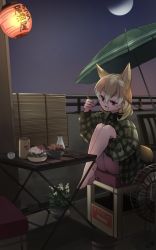 Rule 34 | 1girl, alternate costume, animal ears, bare legs, barefoot, blonde hair, casual, collared shirt, commentary request, cup, fennec (kemono friends), folding table, food, fox ears, fox girl, fox tail, green shirt, highres, kemono friends, knees to chest, lantern, long sleeves, multicolored hair, nanana (nanana iz), night, plaid, plaid shirt, shirt, short hair, sitting, solo, table, tail, two-tone hair, white hair