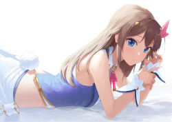 Rule 34 | 1girl, bed sheet, blue eyes, blue shirt, bow, brown hair, closed mouth, fake tail, from side, hair bow, hair intakes, hair ornament, highres, hololive, long hair, looking at viewer, lying, makimaki makky7, midriff, on stomach, pink bow, rabbit tail, shirt, simple background, sleeveless, sleeveless shirt, smile, solo, star (symbol), star hair ornament, tail, tokino sora, tokino sora (1st costume), virtual youtuber, white background, wrist cuffs