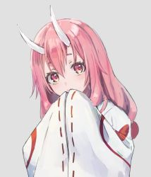 Rule 34 | 10s, 1girl, blush, commentary request, grey background, hands in opposite sleeves, head tilt, horns, japanese clothes, kimono, long hair, long sleeves, looking at viewer, pink eyes, pink hair, rimo, shuna (tensei shitara slime datta ken), simple background, solo, tensei shitara slime datta ken, upper body, white kimono, wide sleeves